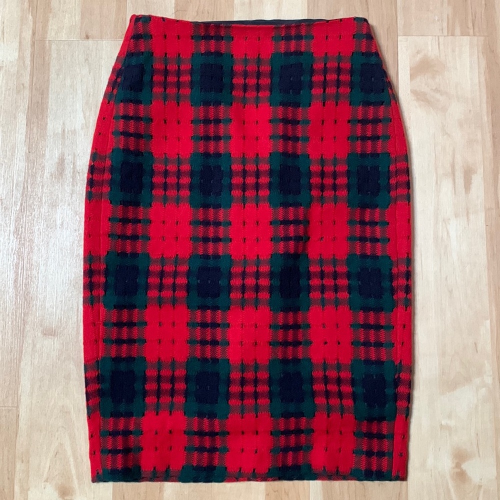NWT J. Crew Holiday Lattice Woven Plaid Pencil Skirt Wool Blend Red Green Size 8
